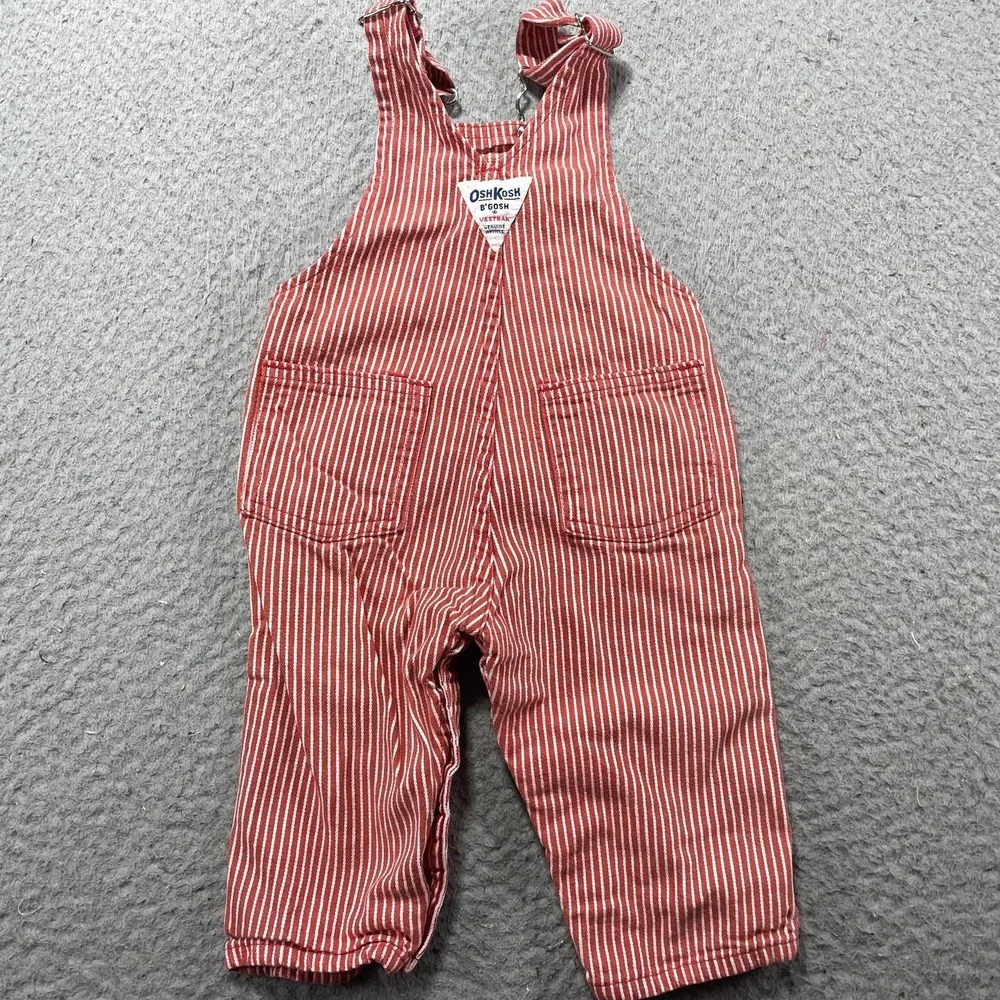 VTG 80s OshKosh B'gosh Vestbak Overalls Infant Boys 6-9M Red Stripe Denim USA